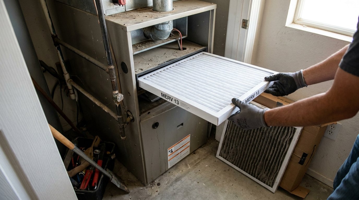 High-efficiency residential air filter installed in a media cabinet