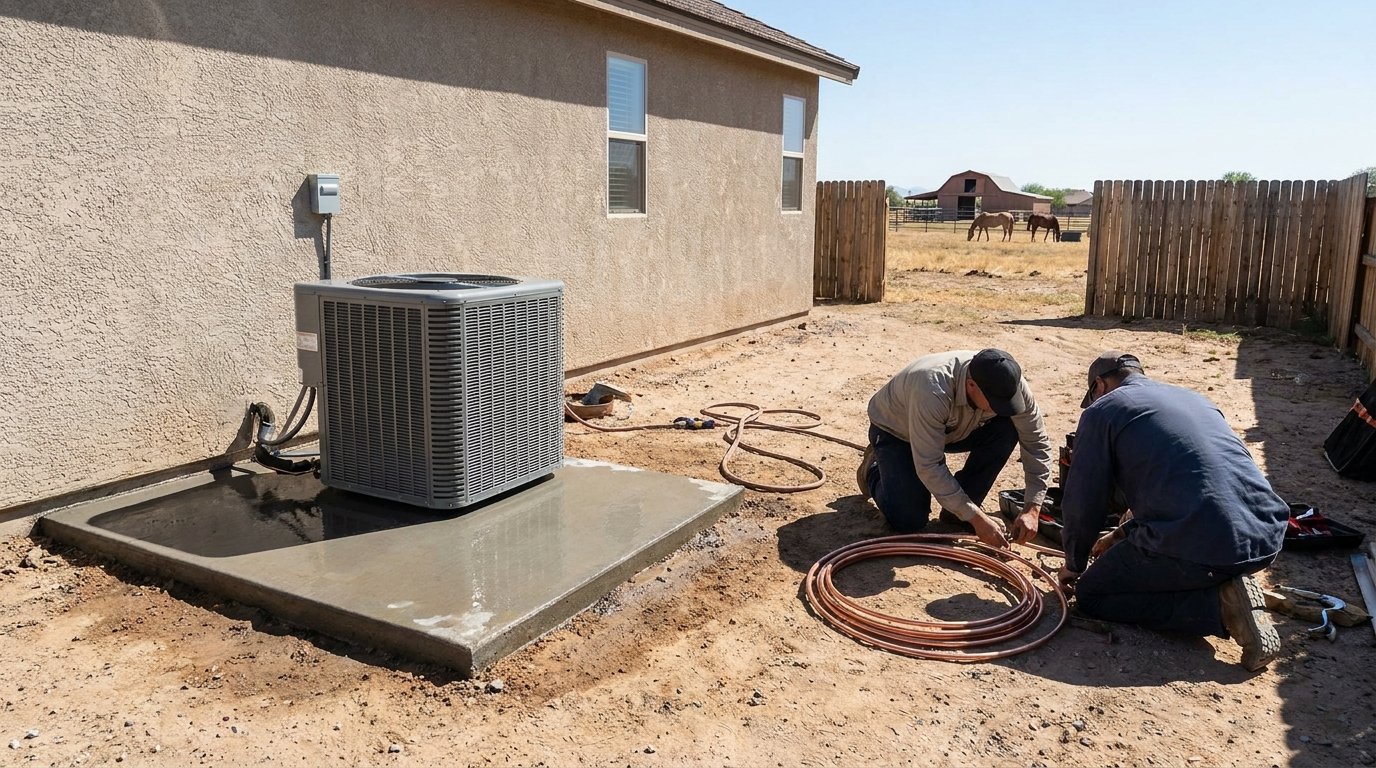 New high-efficiency AC condenser unit installed at a High Desert home