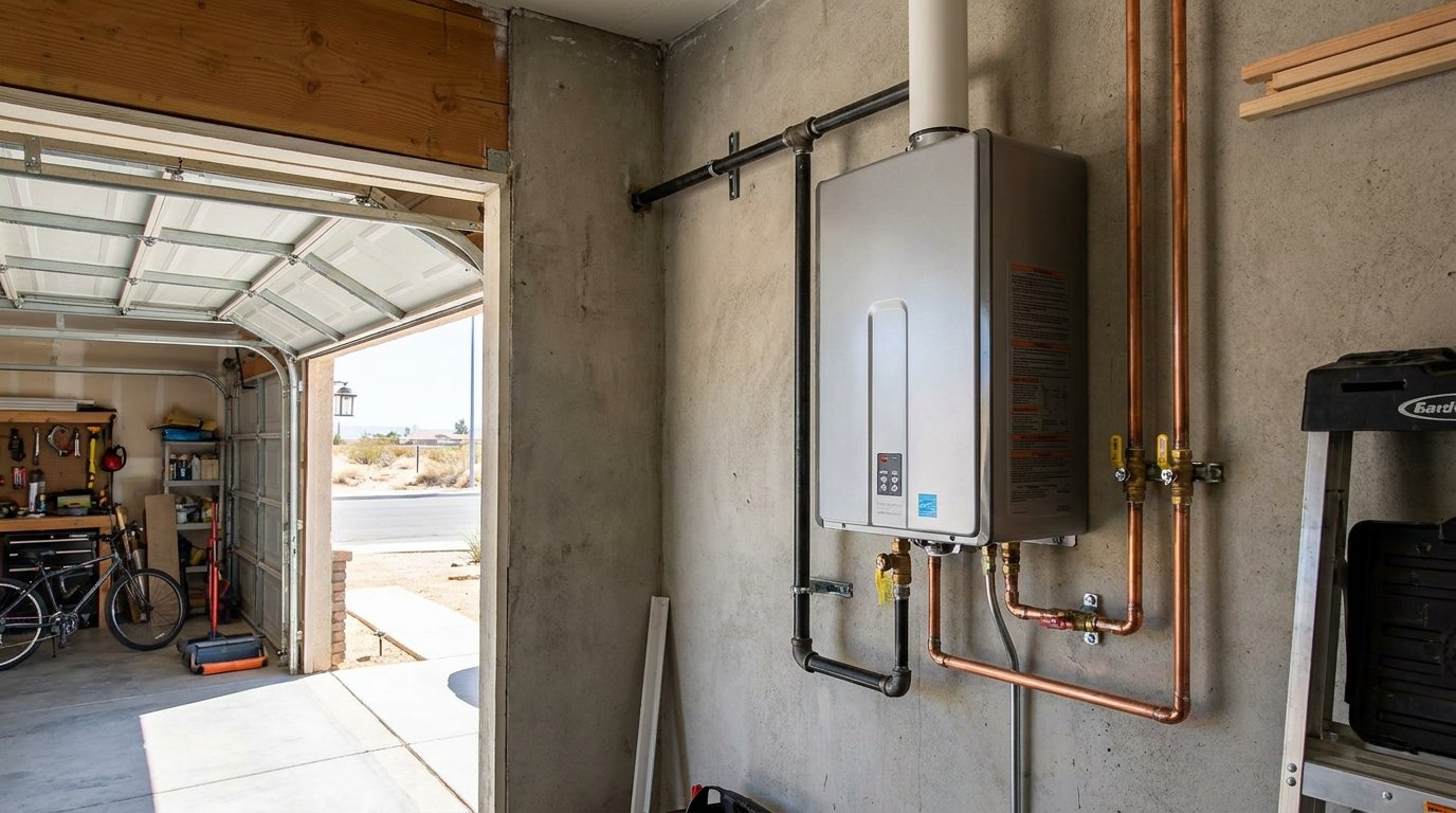 Tankless gas water heater professionally installed on a garage wall