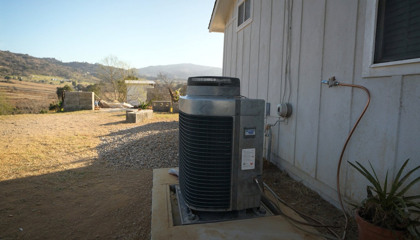 Newly installed outdoor AC condenser on a concrete pad next to a residential home in Chino, California with fresh copper refrigerant line and Chino Hills oak woodland backdrop