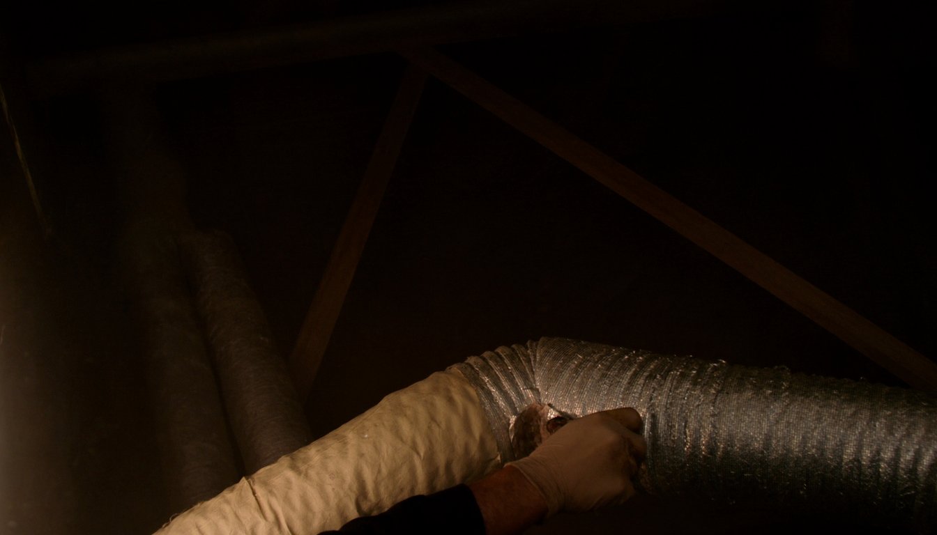 Insulated flexible HVAC ductwork in a Chino, California residential attic with a gloved technician hand applying mastic at a connection and R-8 silver insulation visible