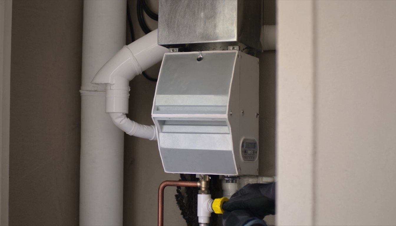 Close-up of a newly installed high-efficiency gas furnace cabinet with white PVC venting in a Chino, California home utility closet with gloved technician hand at the service valve