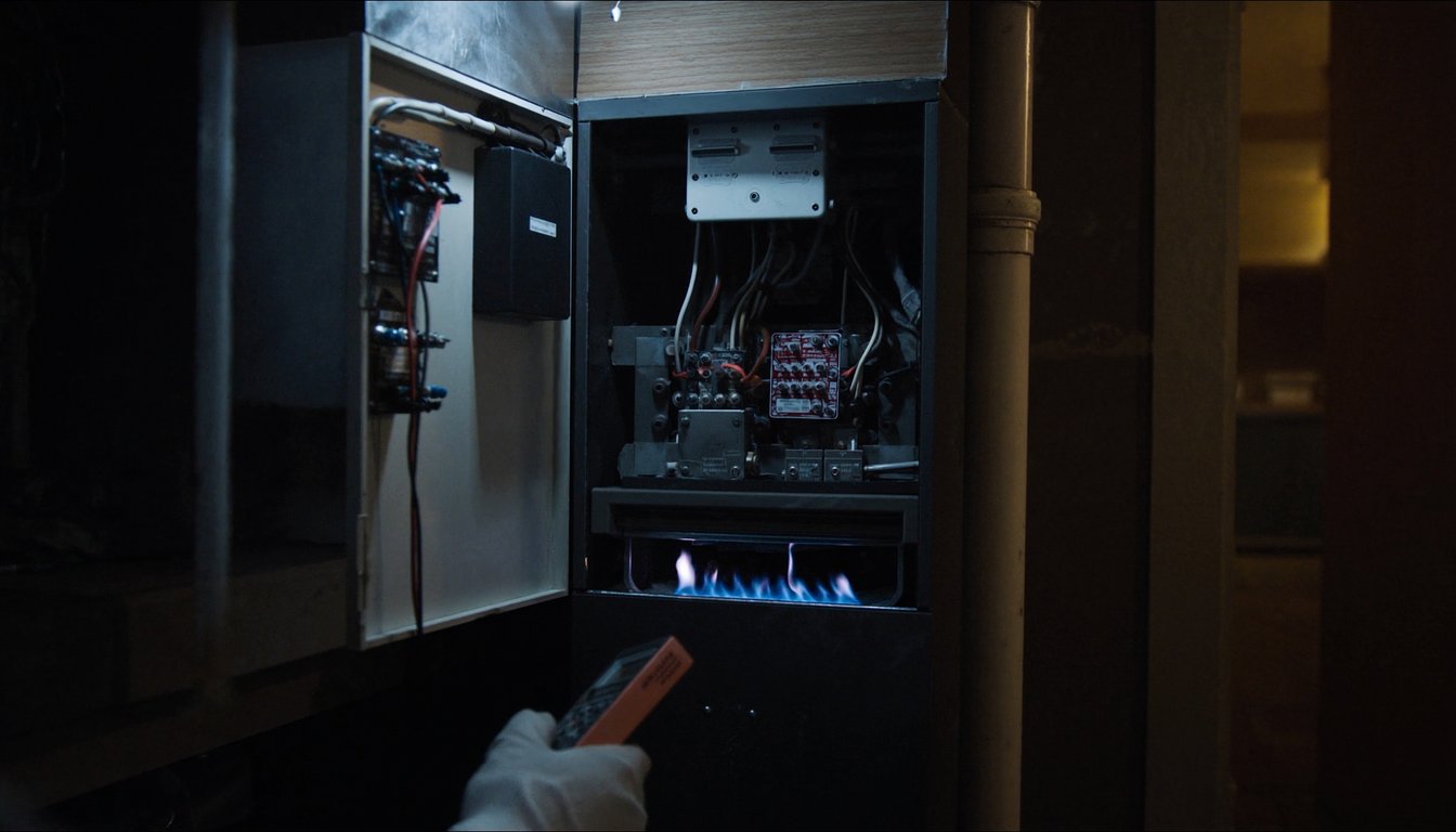 Open gas furnace cabinet showing blue burner flame in a Chino, California home utility closet with a gloved technician hand holding multimeter probes