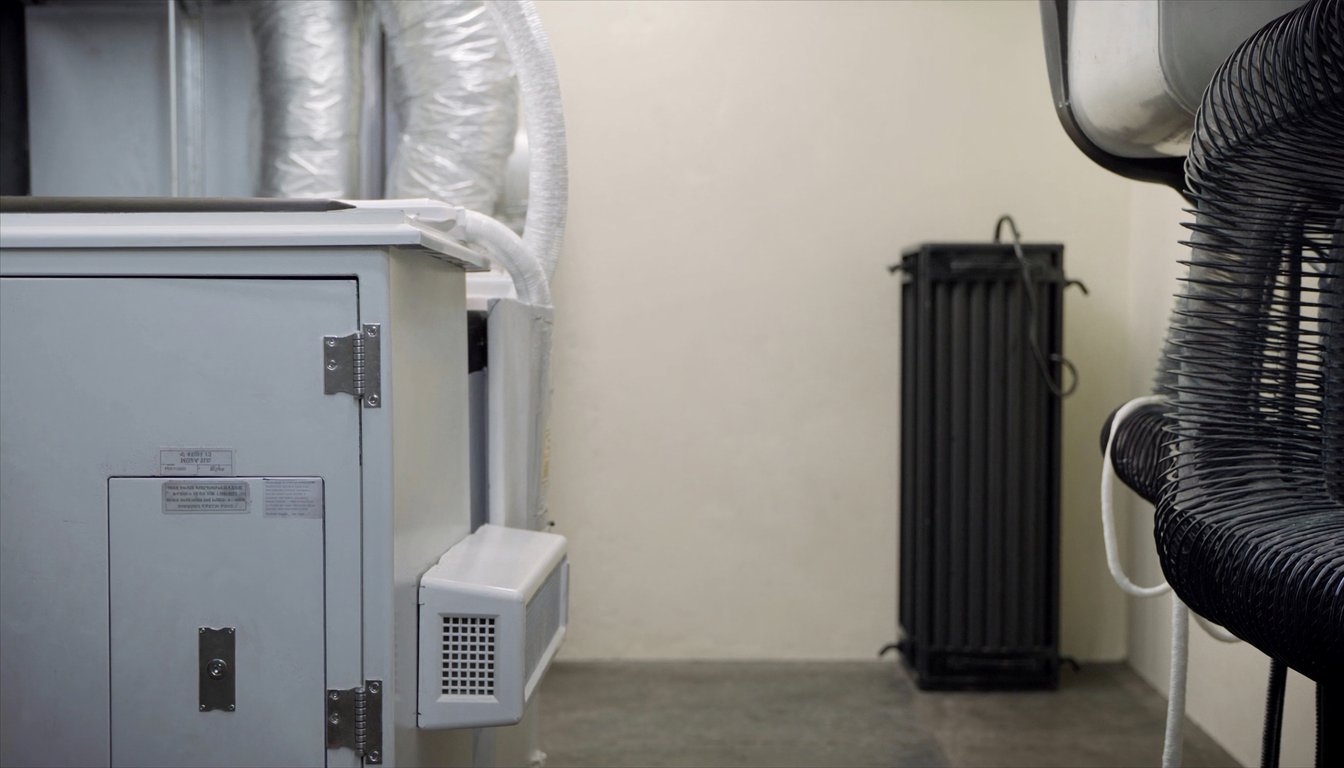 4-inch MERV 13 media filter cabinet attached to HVAC return ductwork with UV-C lamp in a modern Chino, California utility room