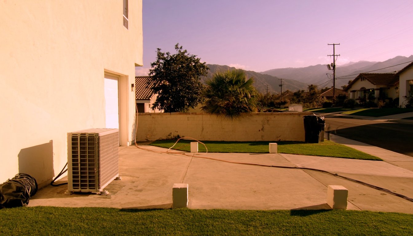 Newly installed outdoor AC condenser on a concrete pad next to a residential home in Fontana, California with fresh copper refrigerant line and San Gabriel Mountains backdrop