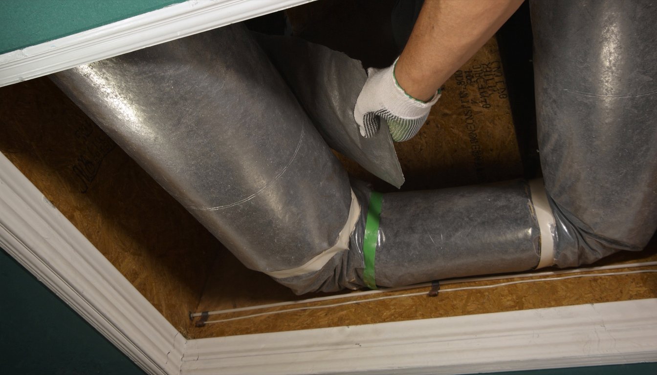Insulated flexible HVAC ductwork in a Fontana, California residential attic with a gloved technician hand applying mastic at a connection and R-8 silver insulation visible