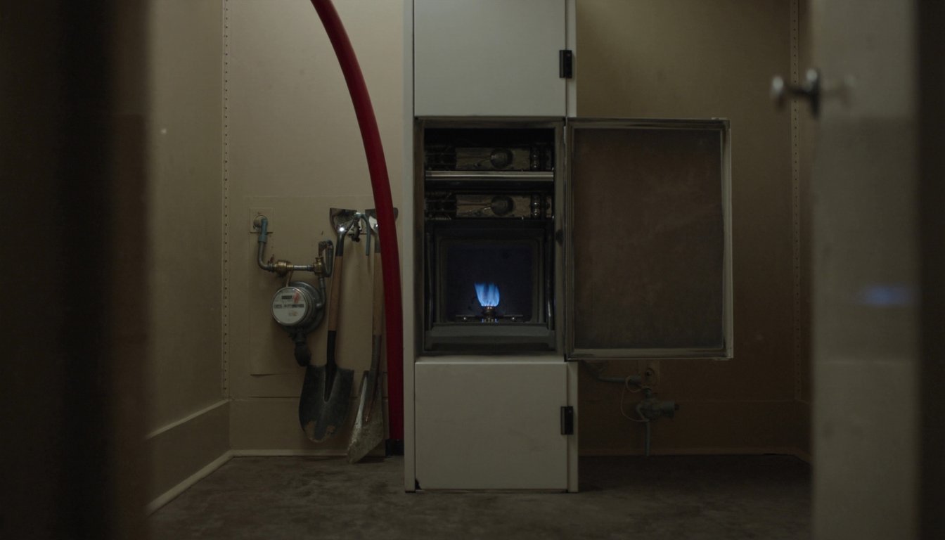 Open gas furnace cabinet showing blue burner flame in a Fontana, California home utility closet with a gloved technician hand holding multimeter probes