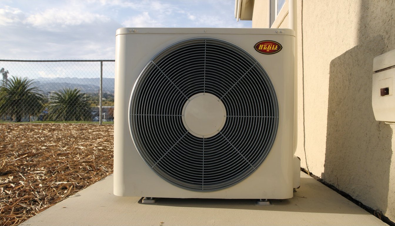 Outdoor variable-speed heat pump unit on a concrete pad next to a residential home in Fontana, California with palm trees and San Gabriel Mountains backdrop