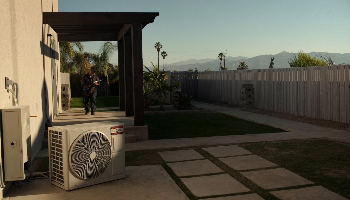 HVAC service clipboard with tune-up checklist resting on an outdoor AC condenser at a Fontana, California home with palm trees and San Gabriel Mountains in the background