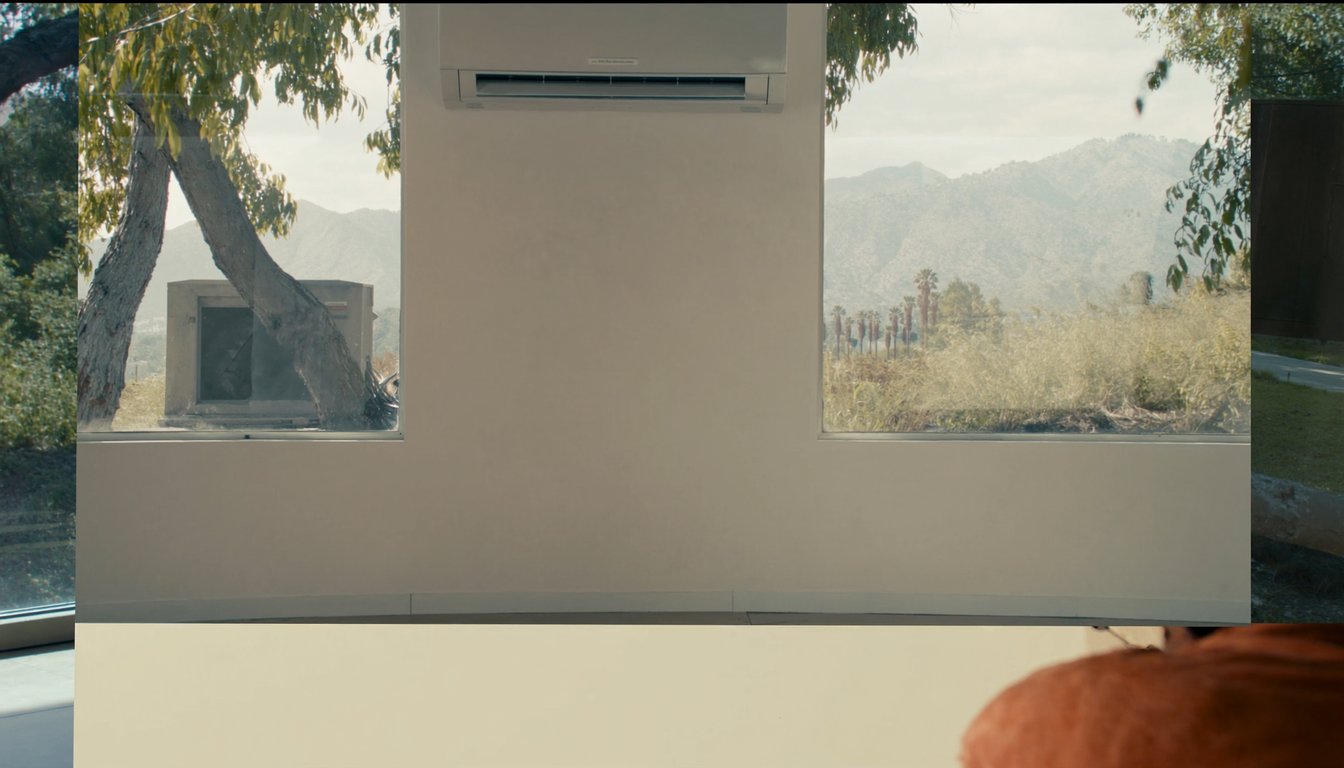 Wall-mounted ductless mini-split indoor head unit in a modern Fontana, California home interior with outdoor compressor visible through the window and San Gabriel Mountains beyond