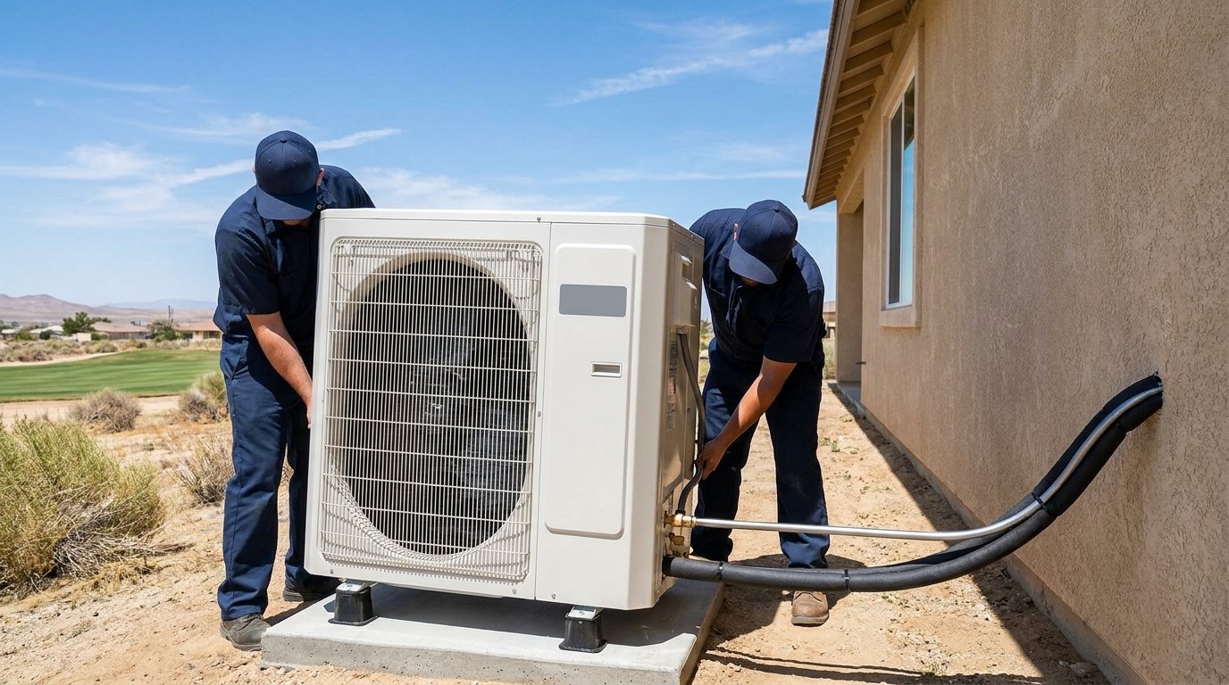 New high-efficiency AC condenser unit installed at a High Desert home