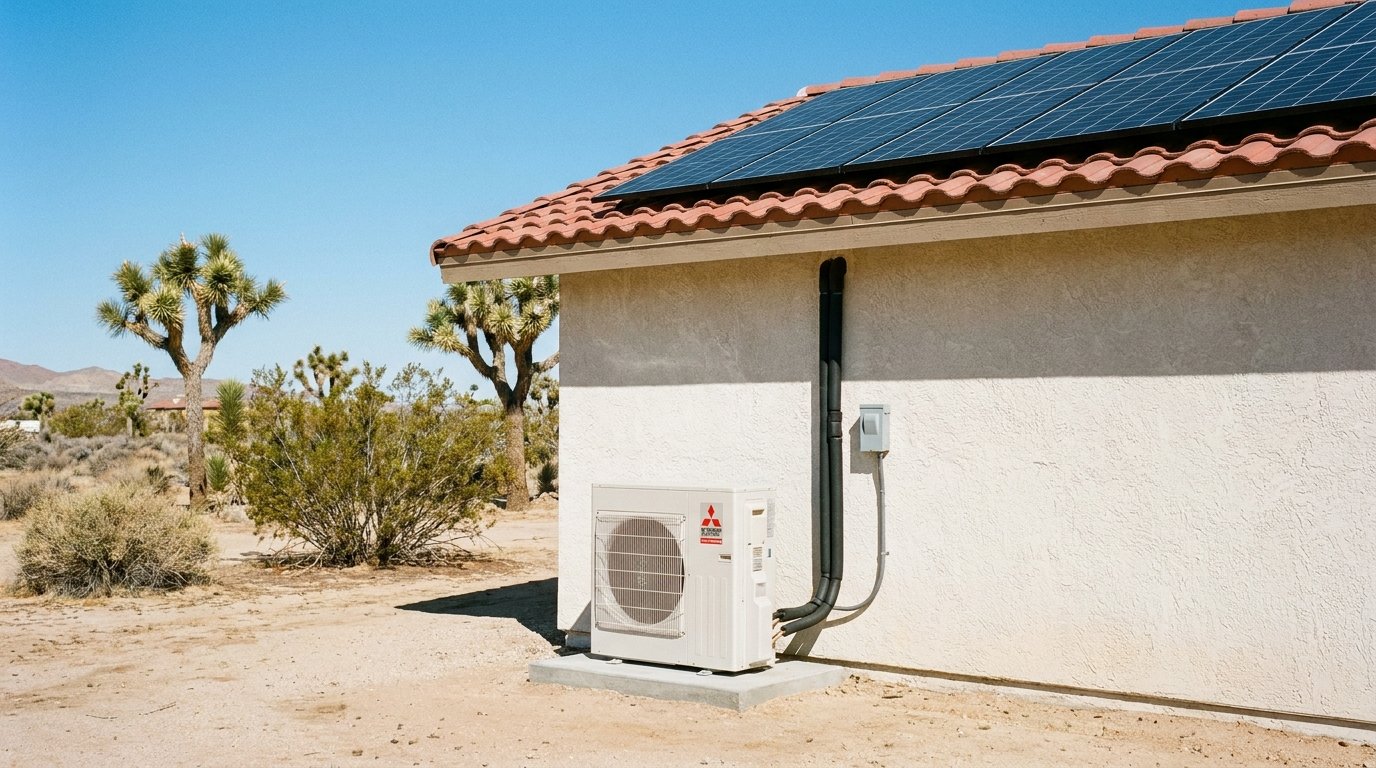 Modern outdoor air-source heat pump installed at a High Desert home