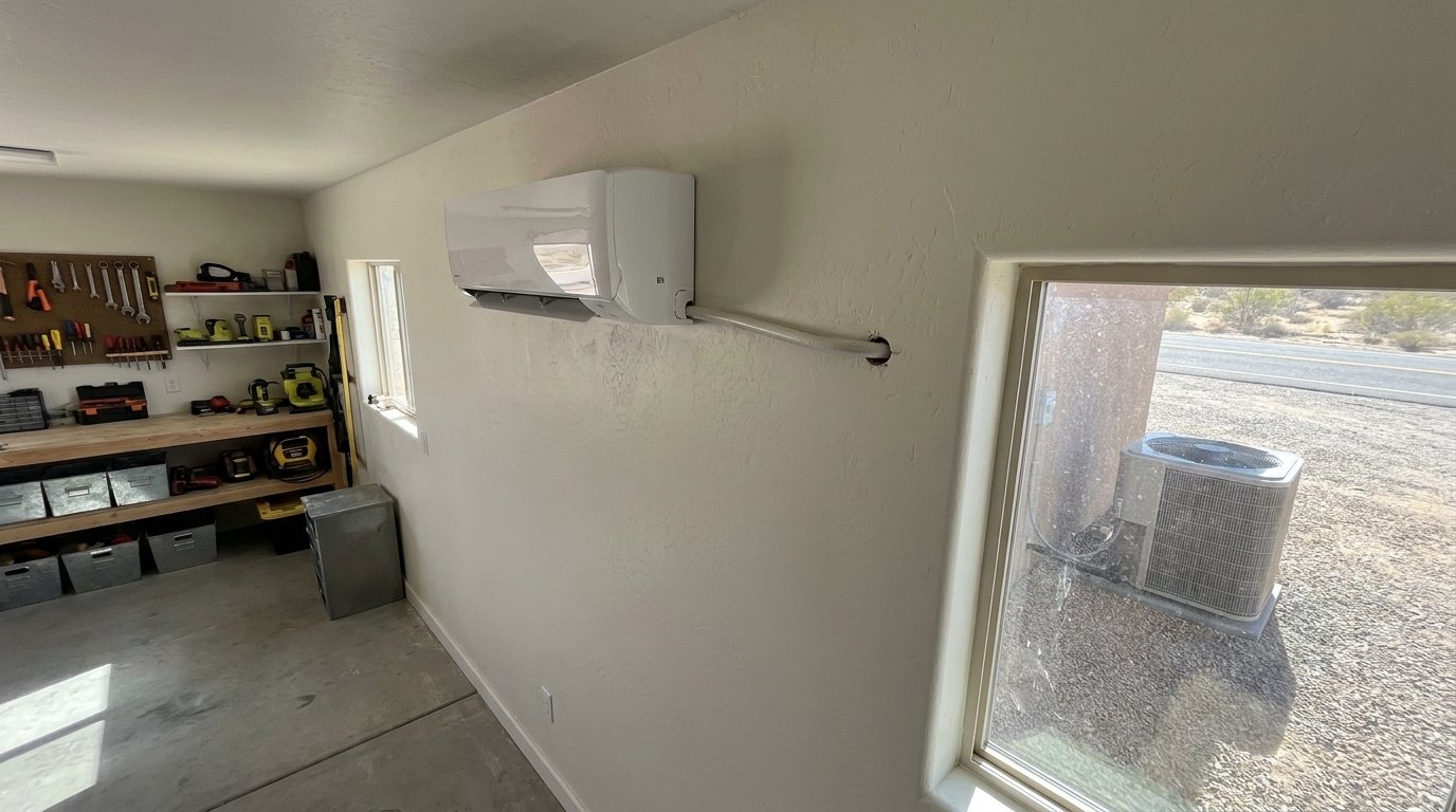 Wall-mount ductless mini-split indoor head unit installed in a modern living room