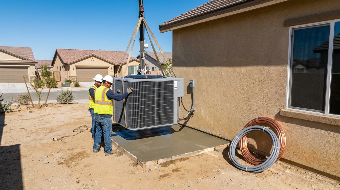 New high-efficiency AC condenser unit installed at a High Desert home