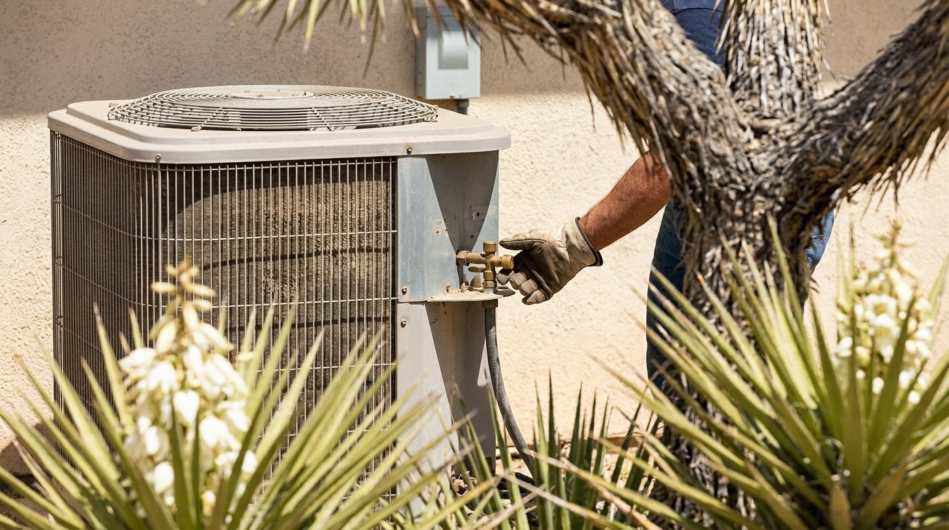 JC Energy Solutions technician diagnosing an AC condenser at a Hesperia home