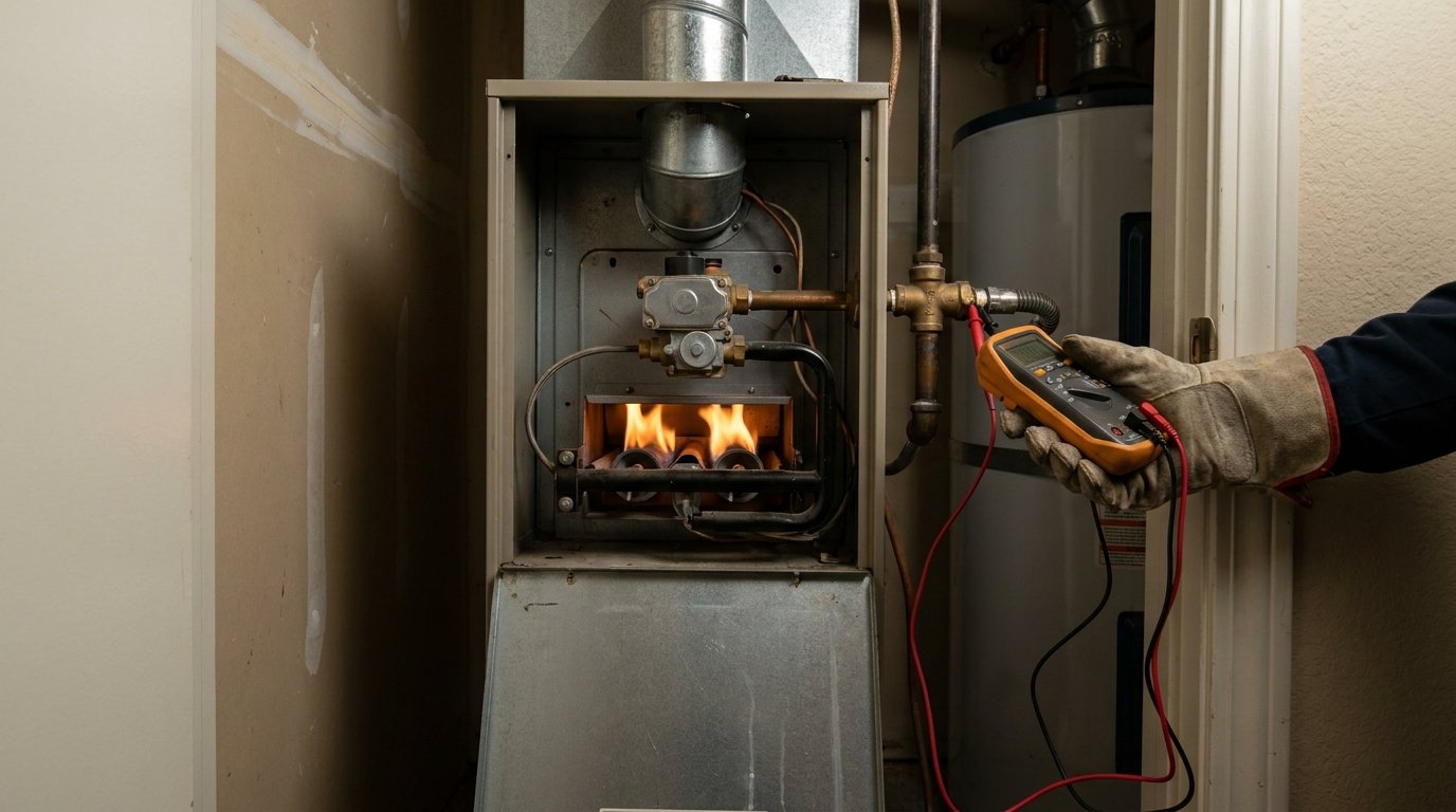 JC Energy Solutions technician inspecting a residential gas furnace gas valve