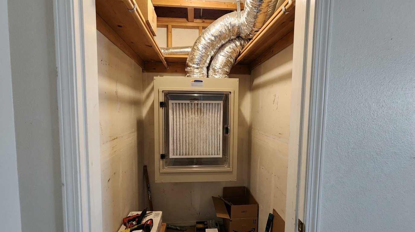 High-efficiency residential air filter installed in a media cabinet