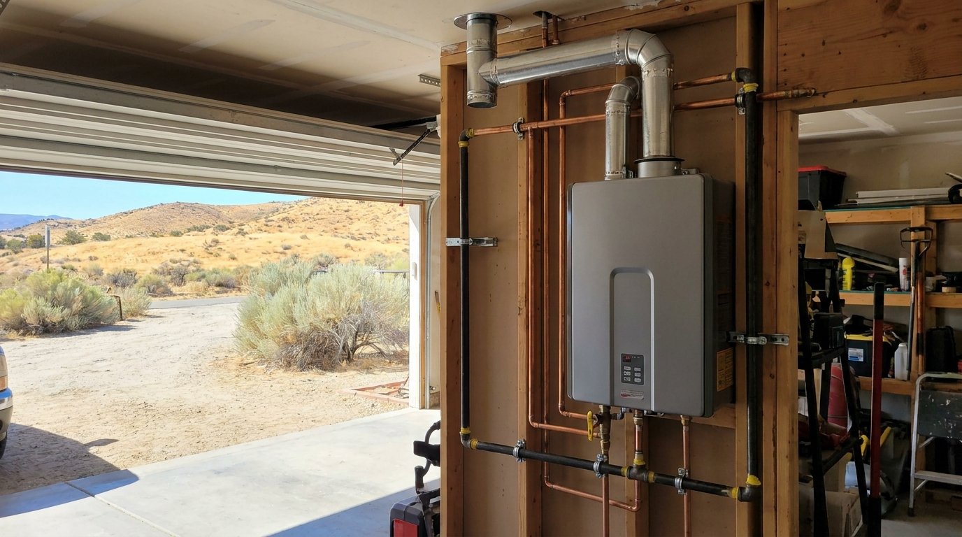 Tankless gas water heater professionally installed on a garage wall