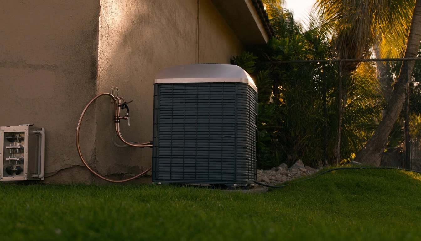 Newly installed outdoor AC condenser on a concrete pad next to a residential home in Jurupa Valley, California with fresh copper refrigerant line and palm trees in the background
