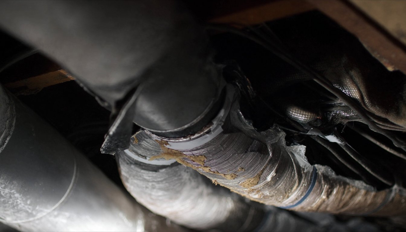 Insulated flexible HVAC ductwork in a Jurupa Valley, California residential attic with a gloved technician hand applying mastic at a connection and R-8 silver insulation visible