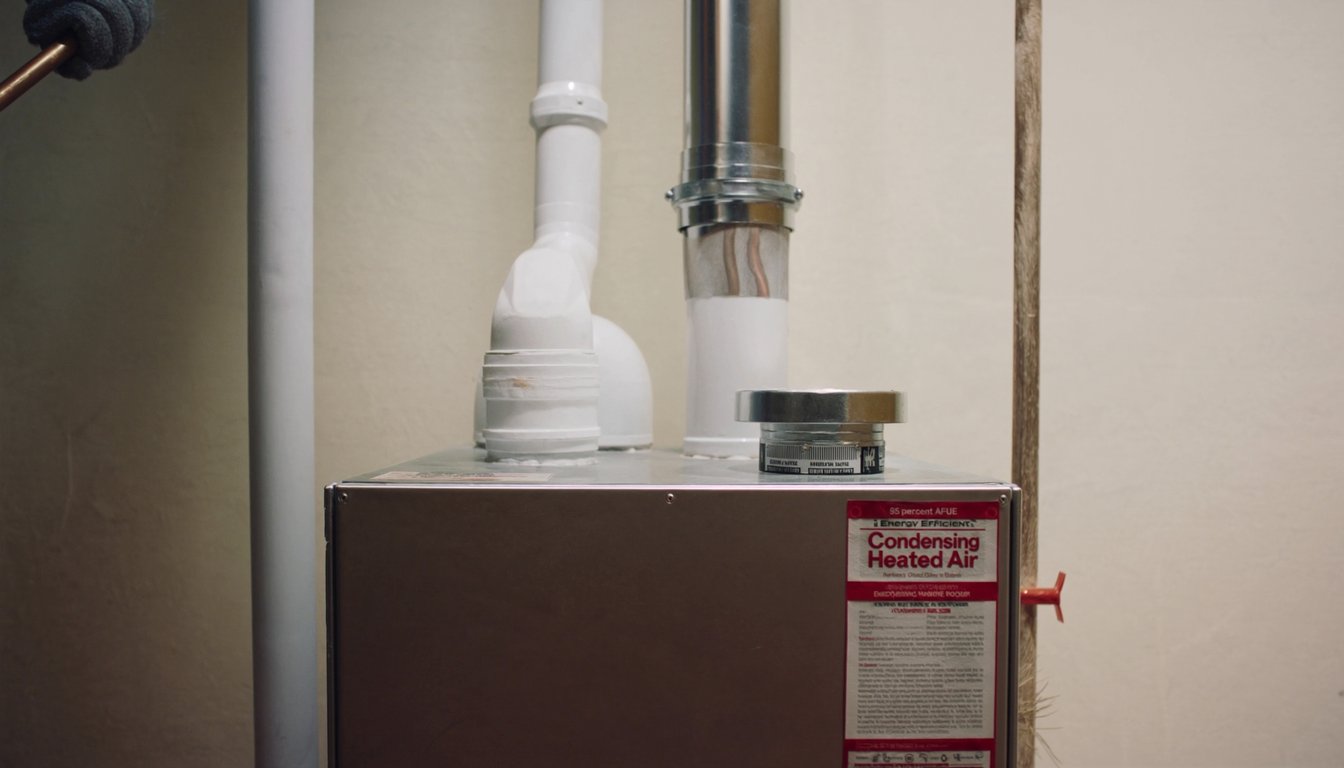 Newly installed 95 percent AFUE high-efficiency gas furnace inside a Jurupa Valley, California home utility closet with white PVC venting and gloved technician hand at the service valve