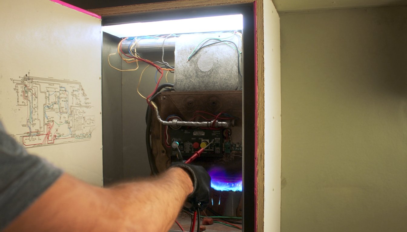 Open gas furnace cabinet showing blue burner flame in a Jurupa Valley, California home utility closet with a gloved technician hand holding multimeter probes