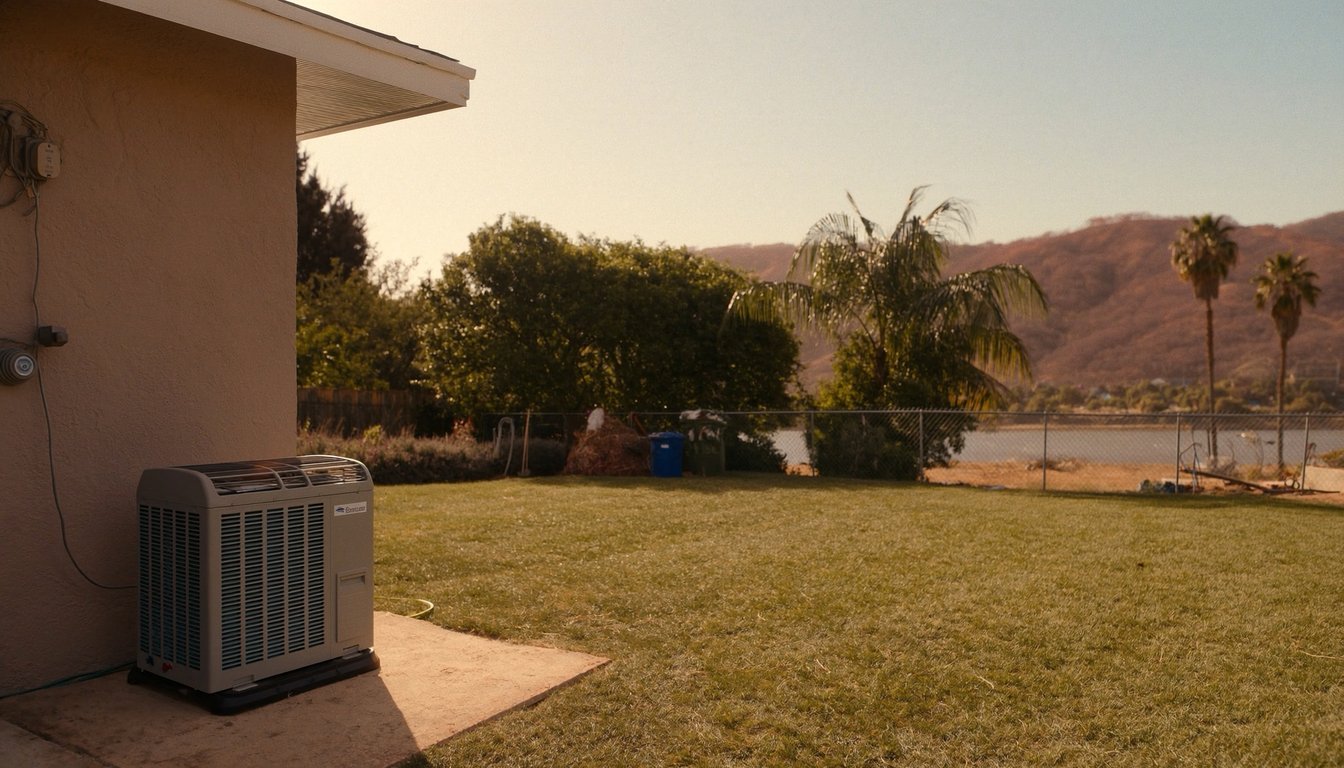 Outdoor variable-speed heat pump unit on a concrete pad next to a Jurupa Valley, California home with palm trees and Santa Ana River corridor backdrop