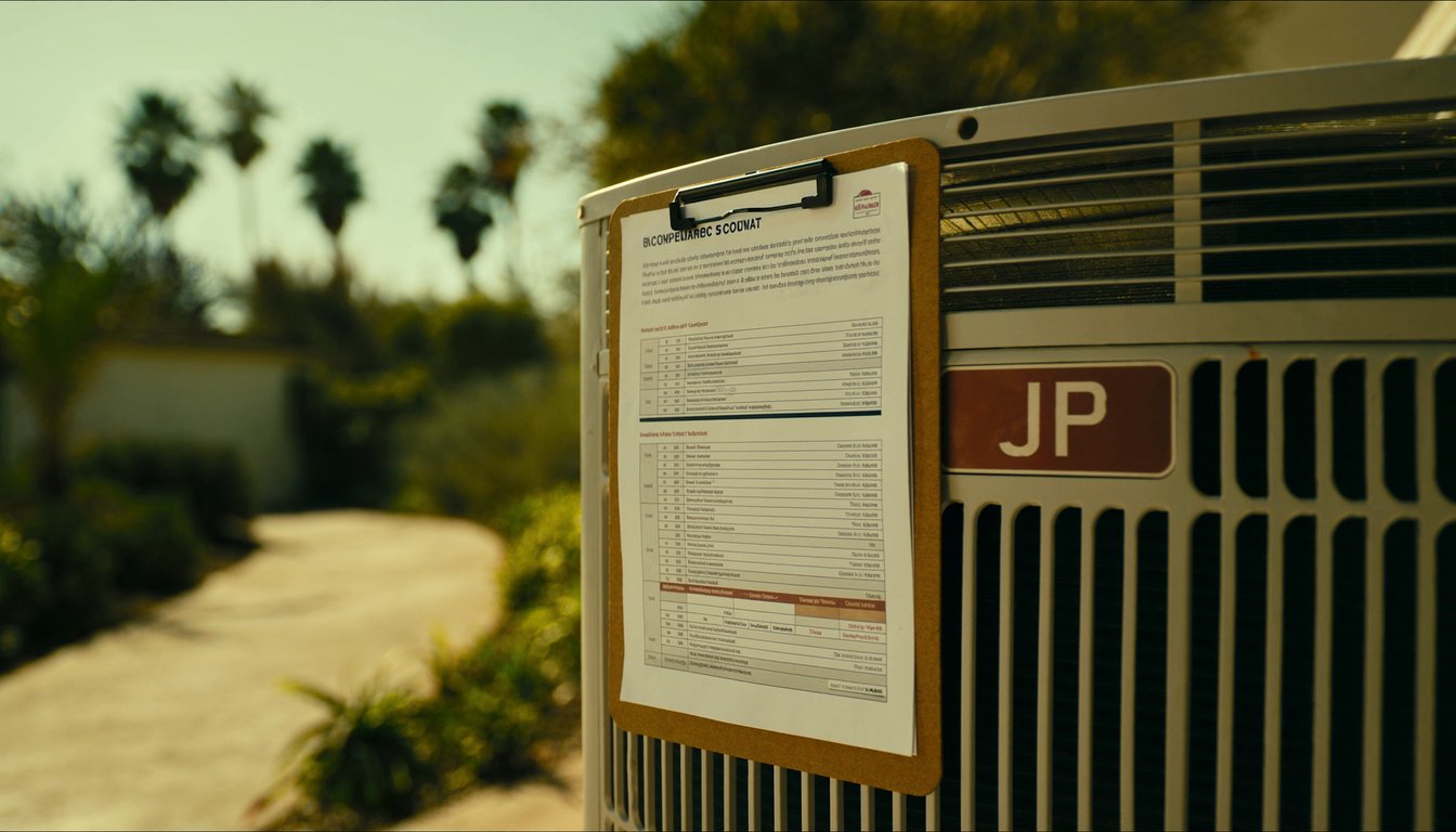 HVAC service clipboard with tune-up checklist resting on an outdoor AC condenser at a Jurupa Valley, California home with palm trees in the background