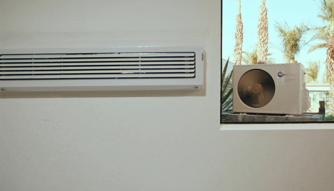 Wall-mounted ductless mini-split indoor head unit in a modern Jurupa Valley, California home interior with outdoor compact compressor visible through the window and palm trees beyond