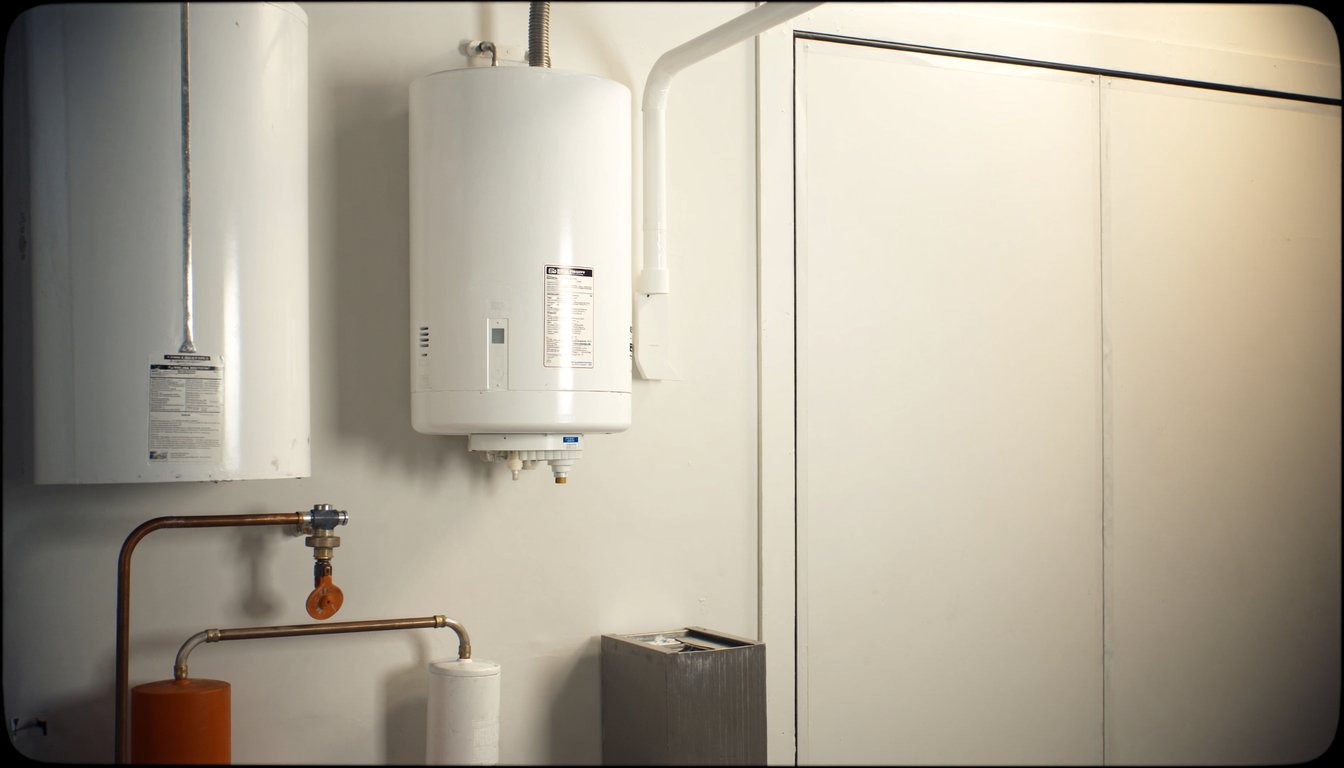 Wall-mounted gas tankless water heater next to a traditional tank water heater in a Jurupa Valley, California residential garage with copper gas line and PVC venting visible
