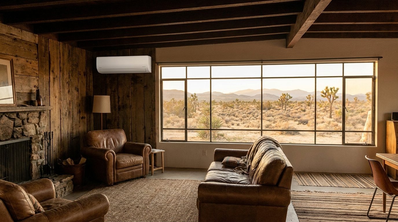 Wall-mount ductless mini-split indoor head unit installed in a modern living room