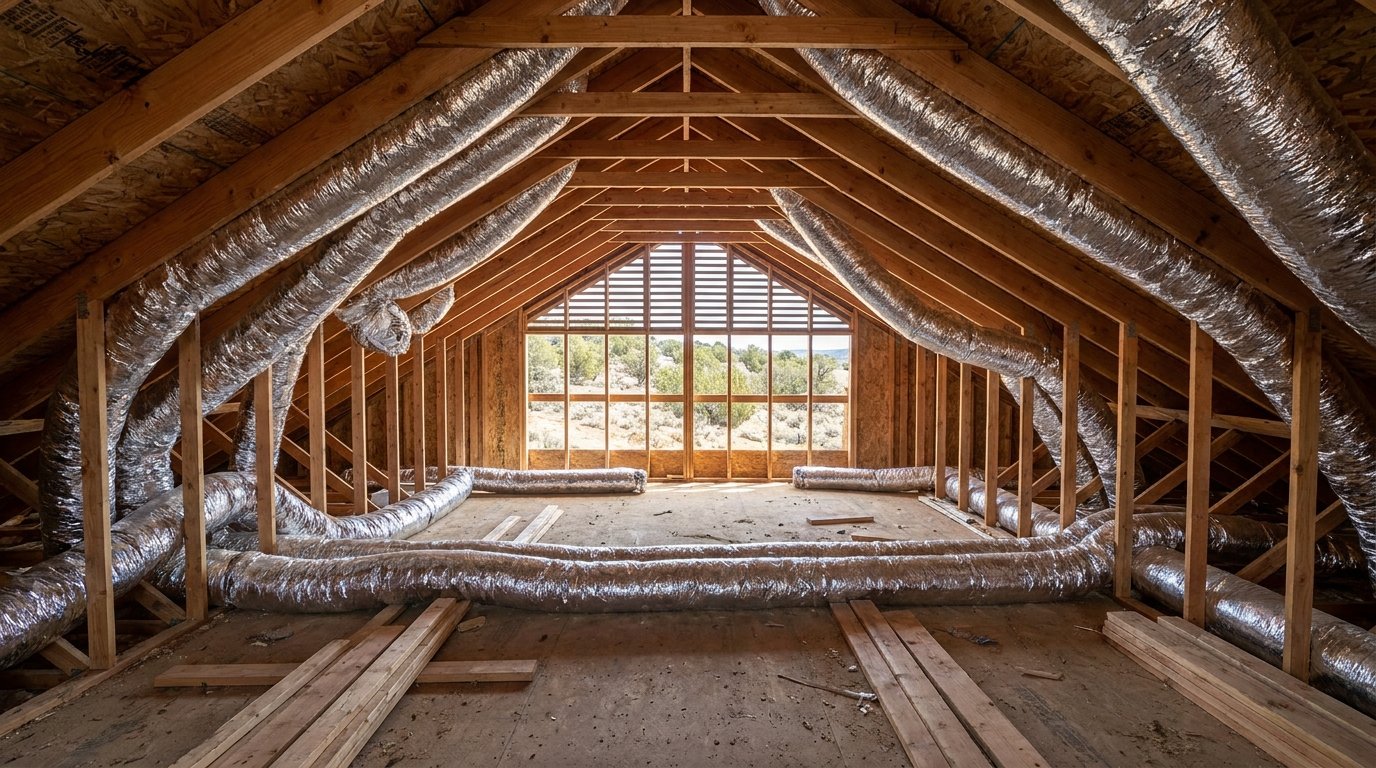 New sealed flexible HVAC ductwork installed in a residential attic