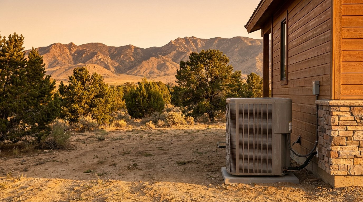 Modern outdoor air-source heat pump installed at a High Desert home