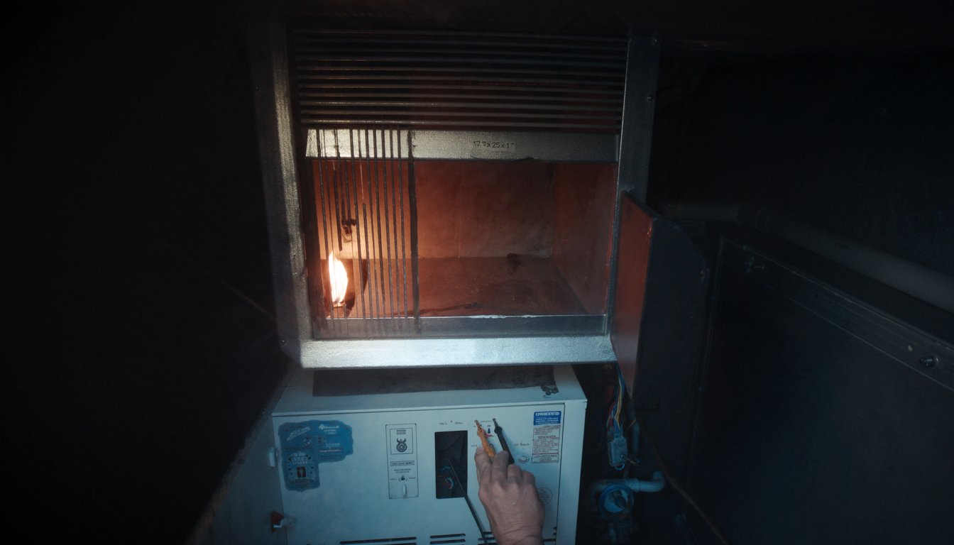 Open gas furnace cabinet showing burner flame in an Ontario, California home utility closet with a gloved technician hand holding multimeter probes