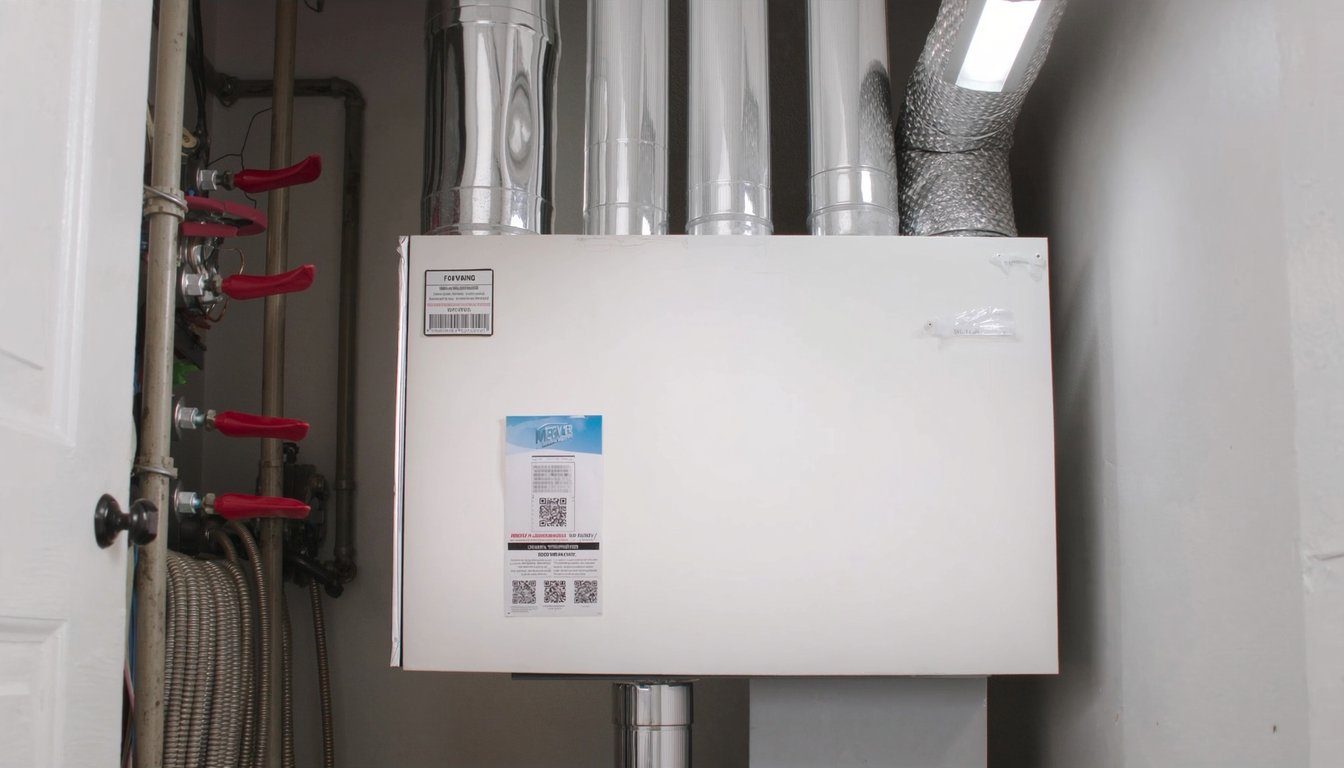4-inch MERV 13 media filter cabinet attached to HVAC return ductwork with UV-C lamp in an Ontario, California utility room