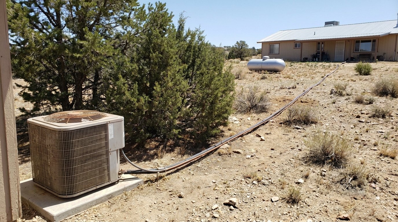 JC Energy Solutions technician diagnosing an AC condenser at a Hesperia home