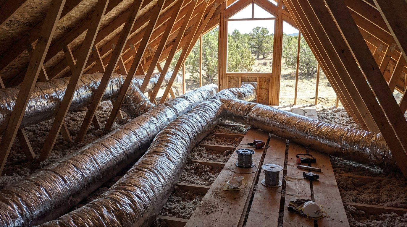 New sealed flexible HVAC ductwork installed in a residential attic
