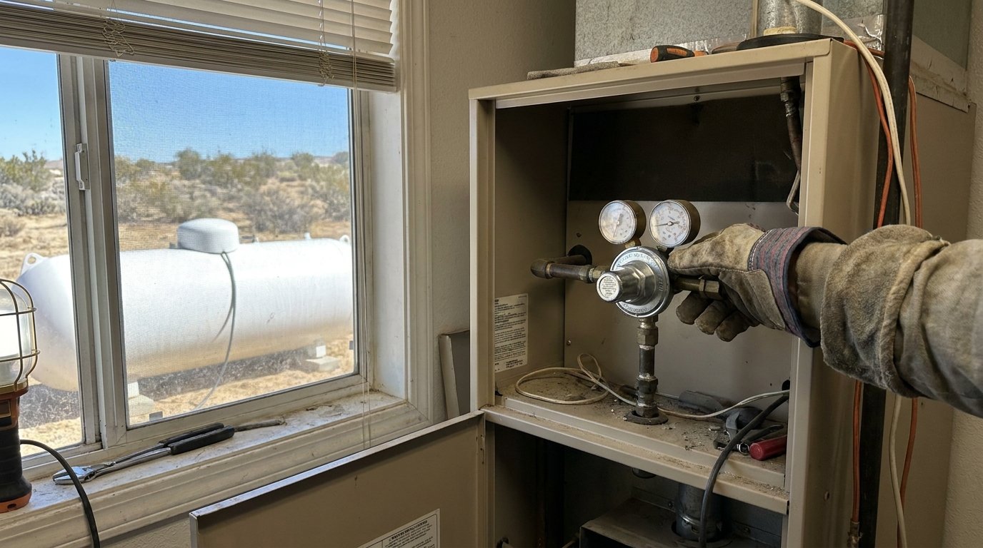 JC Energy Solutions technician inspecting a residential gas furnace gas valve