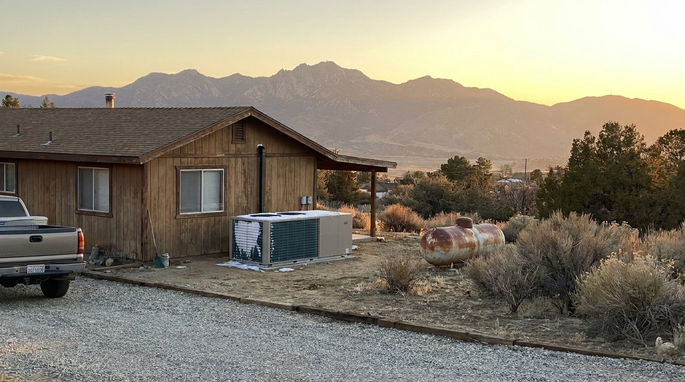 Modern outdoor air-source heat pump installed at a High Desert home