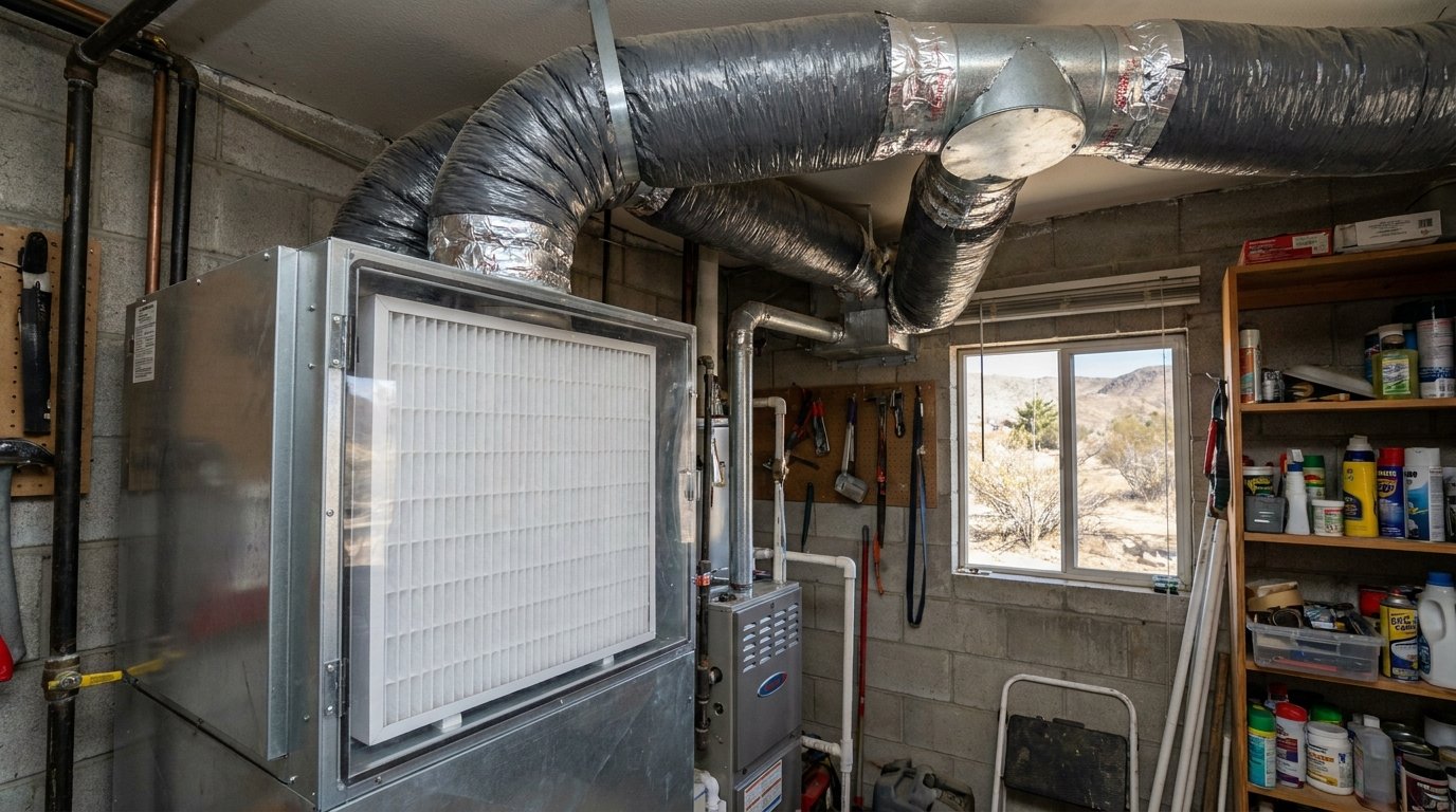 High-efficiency residential air filter installed in a media cabinet