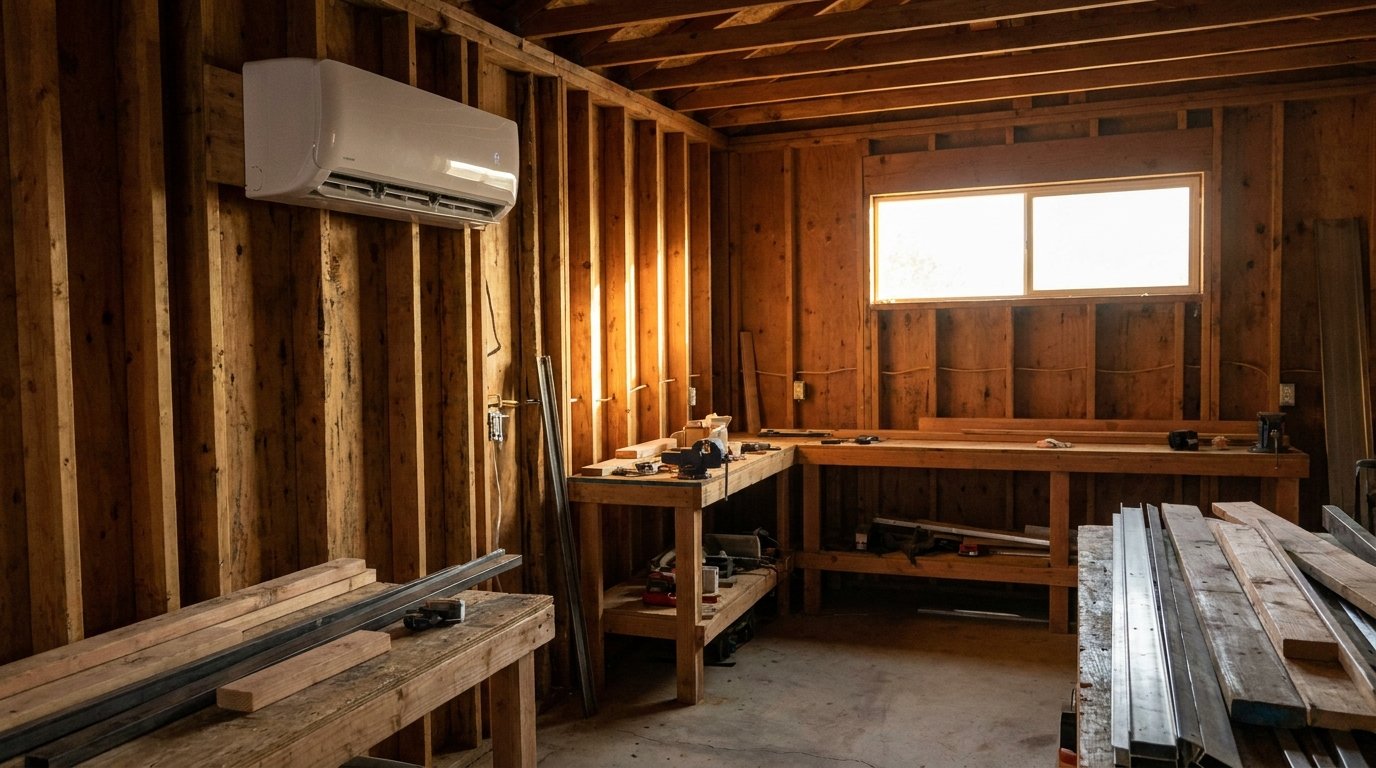 Wall-mount ductless mini-split indoor head unit installed in a modern living room