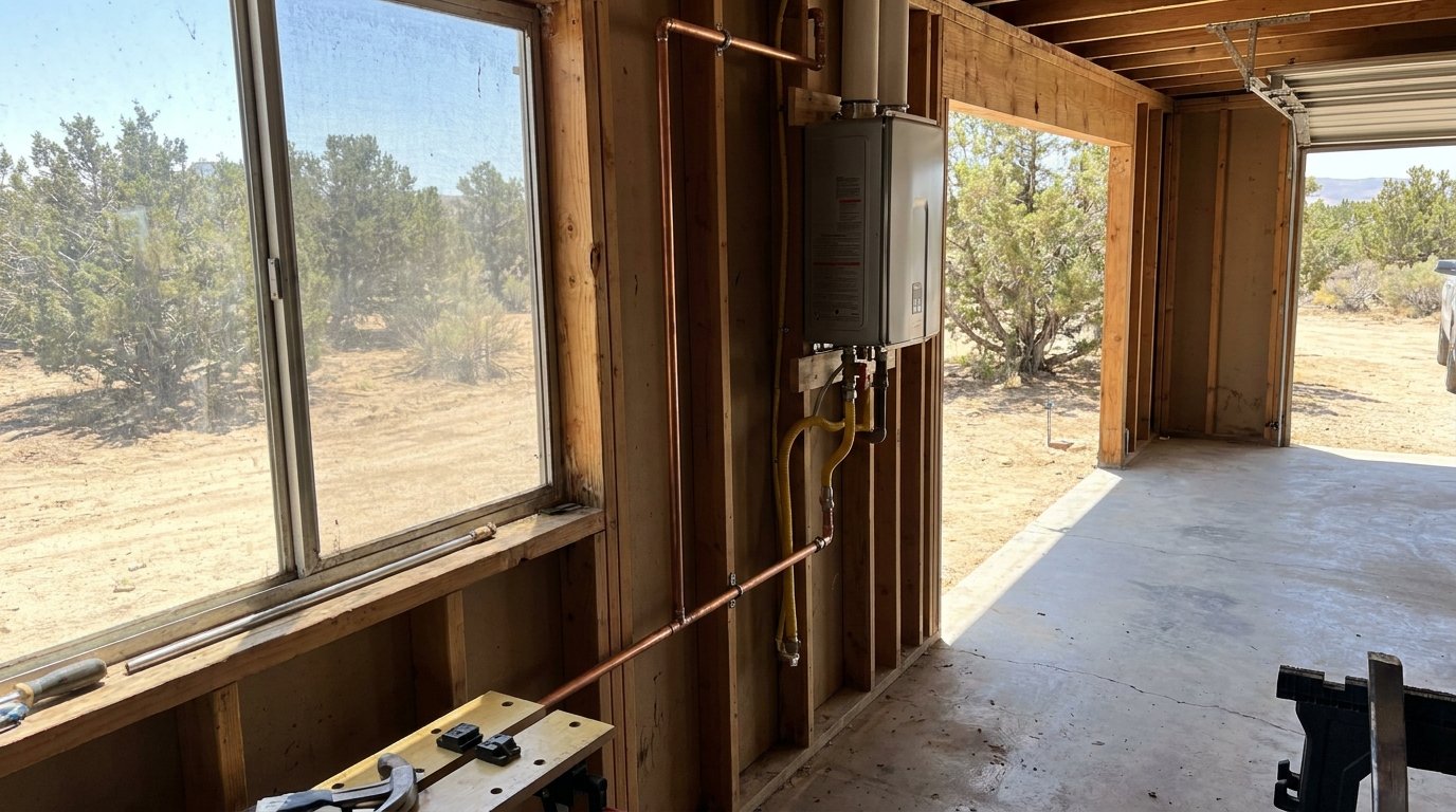Tankless gas water heater professionally installed on a garage wall