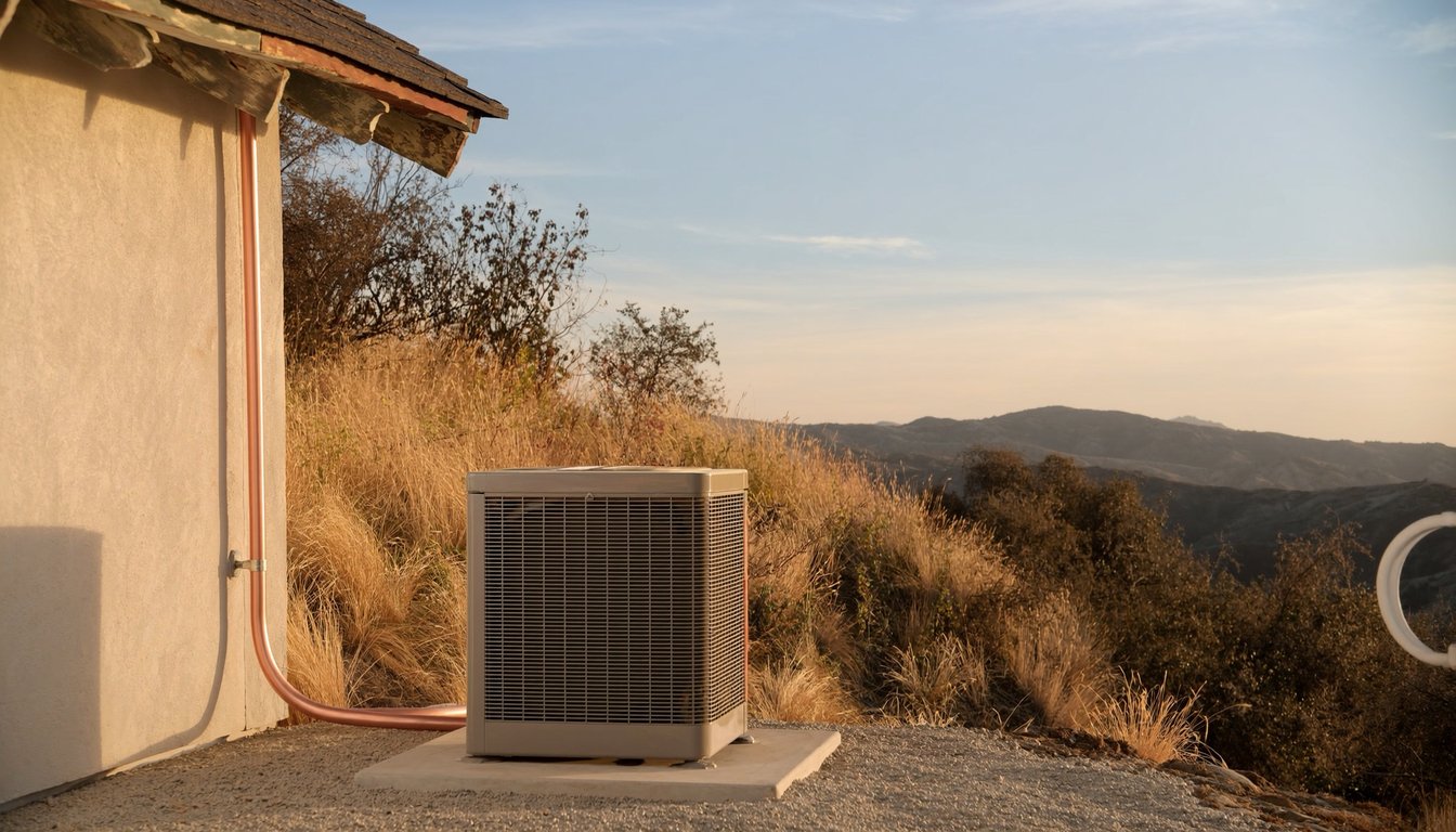 Newly installed outdoor AC condenser on a concrete pad next to a Rancho Cucamonga, California master-planned home with fresh copper refrigerant line and San Gabriel foothills backdrop