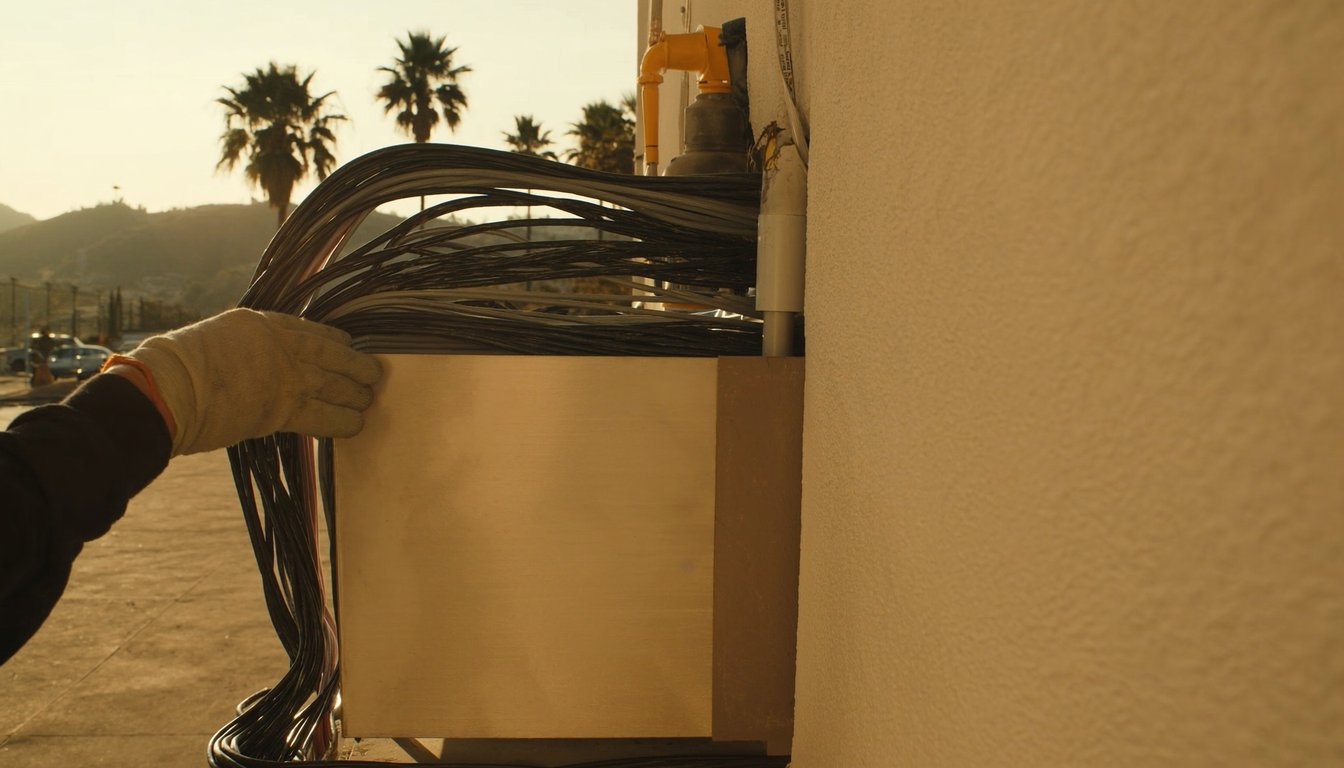 Outdoor AC condenser at the side of a master-planned home in Rancho Cucamonga, California with palm trees and San Gabriel foothills backdrop, gloved JC Energy Solutions technician hand on the service valve