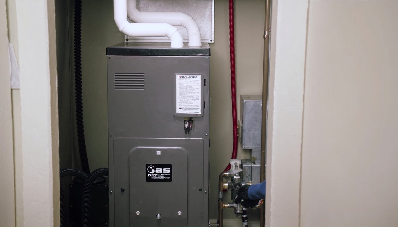 Newly installed 95 percent AFUE high-efficiency gas furnace inside a Rancho Cucamonga, California home utility closet with white PVC venting and gloved technician hand at the service valve