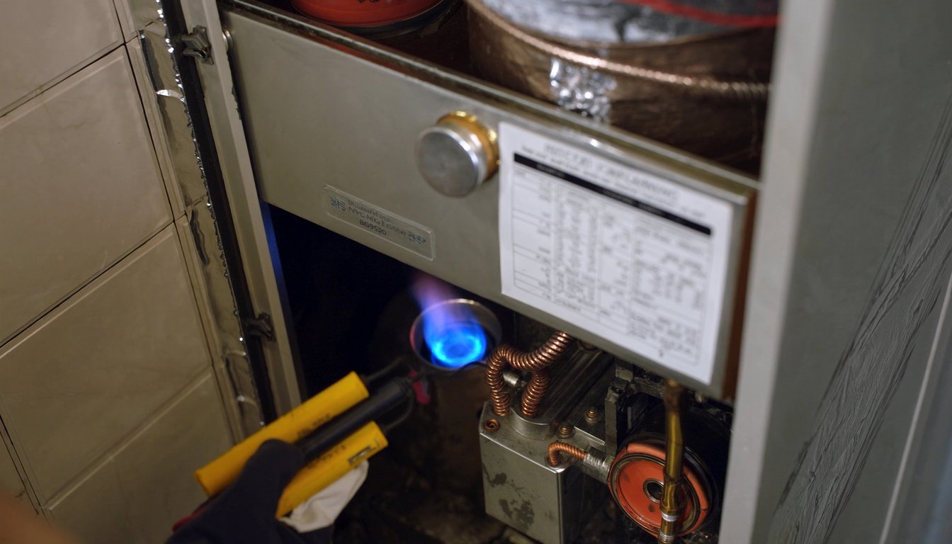 Open gas furnace cabinet showing blue burner flame in a Rancho Cucamonga, California home utility closet with a gloved technician hand holding multimeter probes