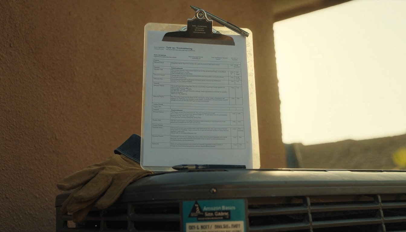 HVAC service clipboard with tune-up checklist resting on an outdoor AC condenser at a Rancho Cucamonga, California home with San Gabriel foothills backdrop