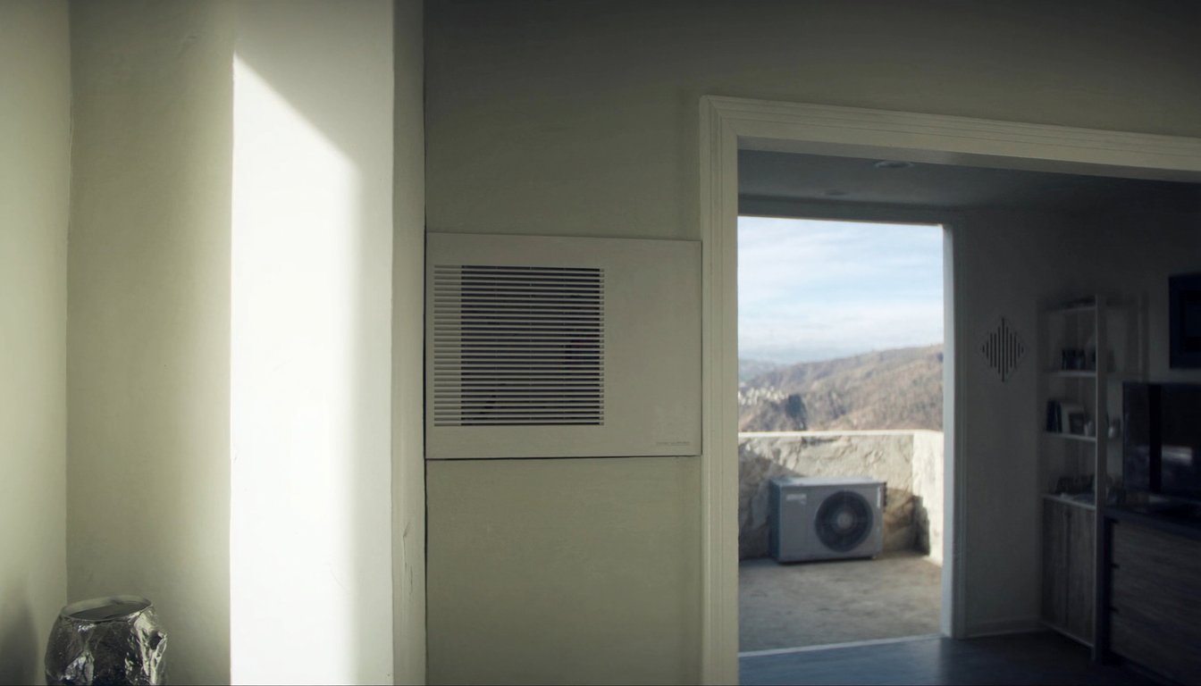 Wall-mounted ductless mini-split indoor head unit in a modern Rancho Cucamonga, California home interior with outdoor compact compressor visible through the window and foothills beyond