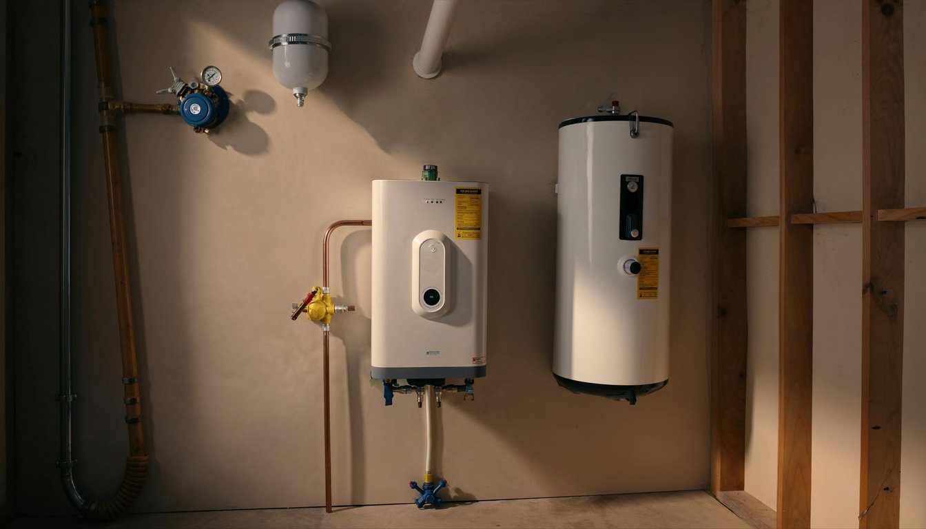 Wall-mounted gas tankless water heater next to a traditional tank water heater in a Rancho Cucamonga, California residential garage with copper gas line and PVC venting visible