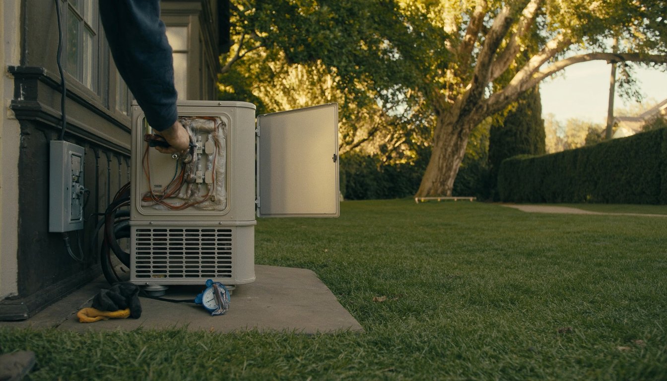 Outdoor AC condenser at the side of a historic Craftsman home in Redlands, California under mature oak canopy with dappled sunlight, gloved JC Energy Solutions technician hand on the service valve